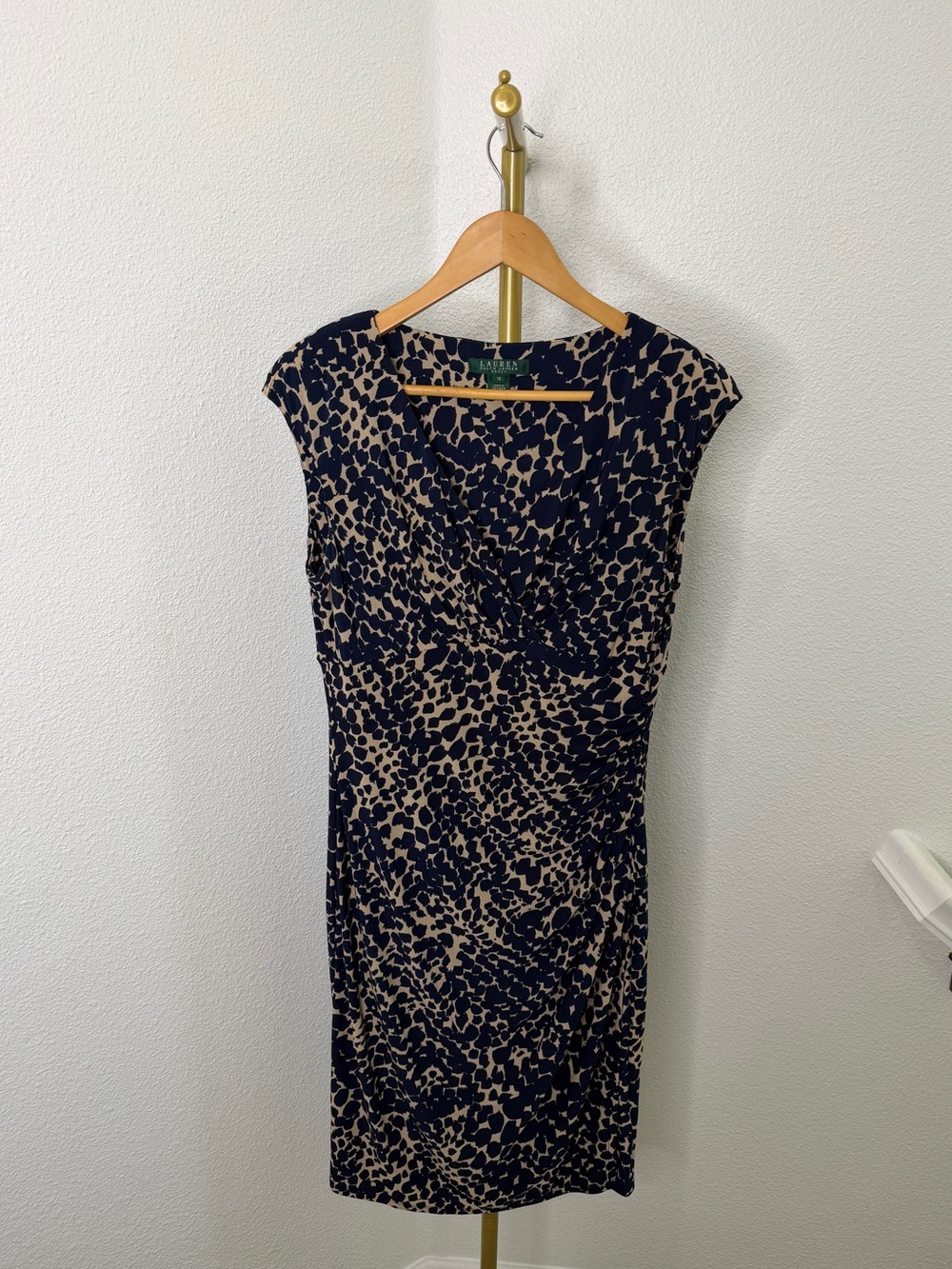 Lauren Ralph Ruched Sheath Dress Navy Blue Tan Leopard Print Work or Cocktail 12